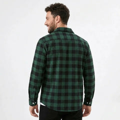 MannerCo green plaid flannel shirt back view turn-down collar long sleeves relaxed fit
