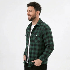 MannerCo green plaid flannel shirt side view turn-down collar long sleeves relaxed fit