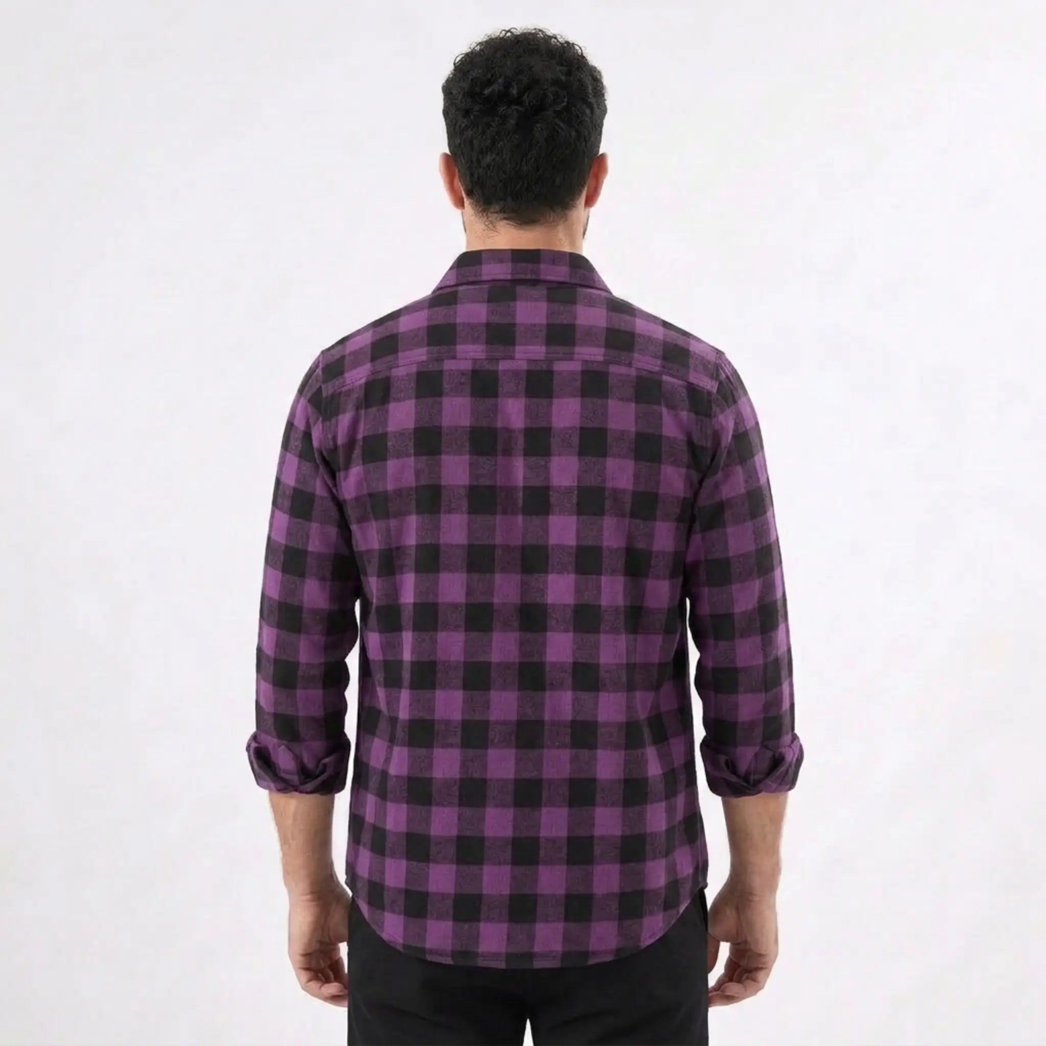 MannerCo purple plaid flannel shirt back view with turn-down collar and rolled long sleeves