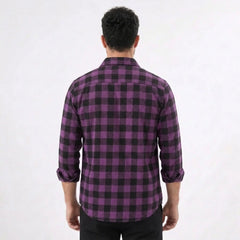 MannerCo purple plaid flannel shirt back view with turn-down collar and rolled long sleeves
