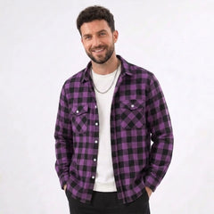 MannerCo purple black plaid flannel shirt relaxed fit worn open over white tee