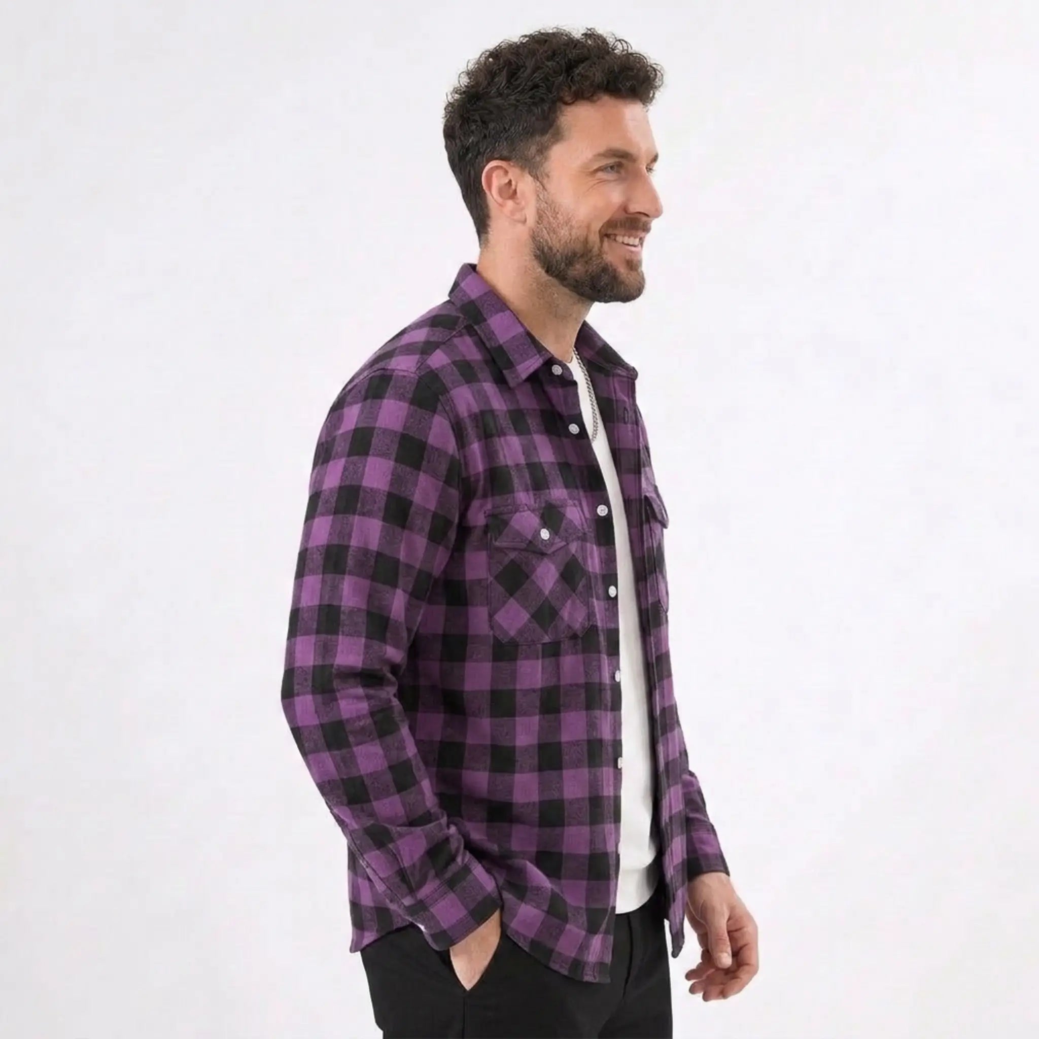 MannerCo purple plaid flannel shirt side view turn-down collar long sleeves relaxed fit
