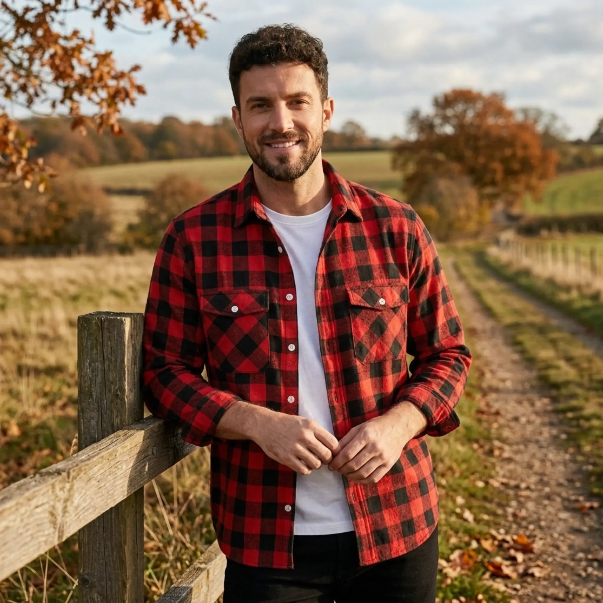 MannerCo red plaid flannel shirt with turn-down collar worn open over white tee outdoors
