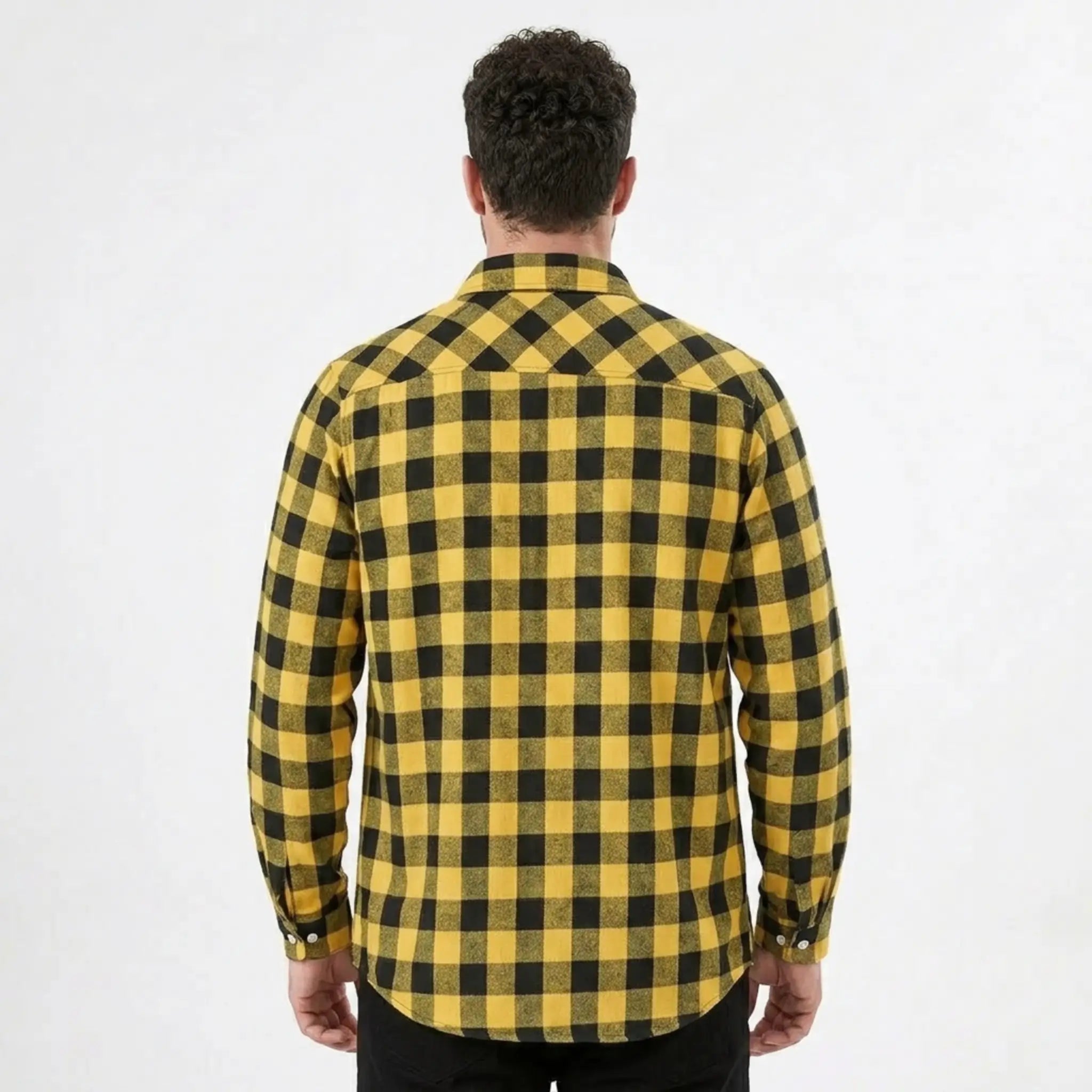 MannerCo yellow black plaid flannel shirt back view turn-down collar long sleeves relaxed fit