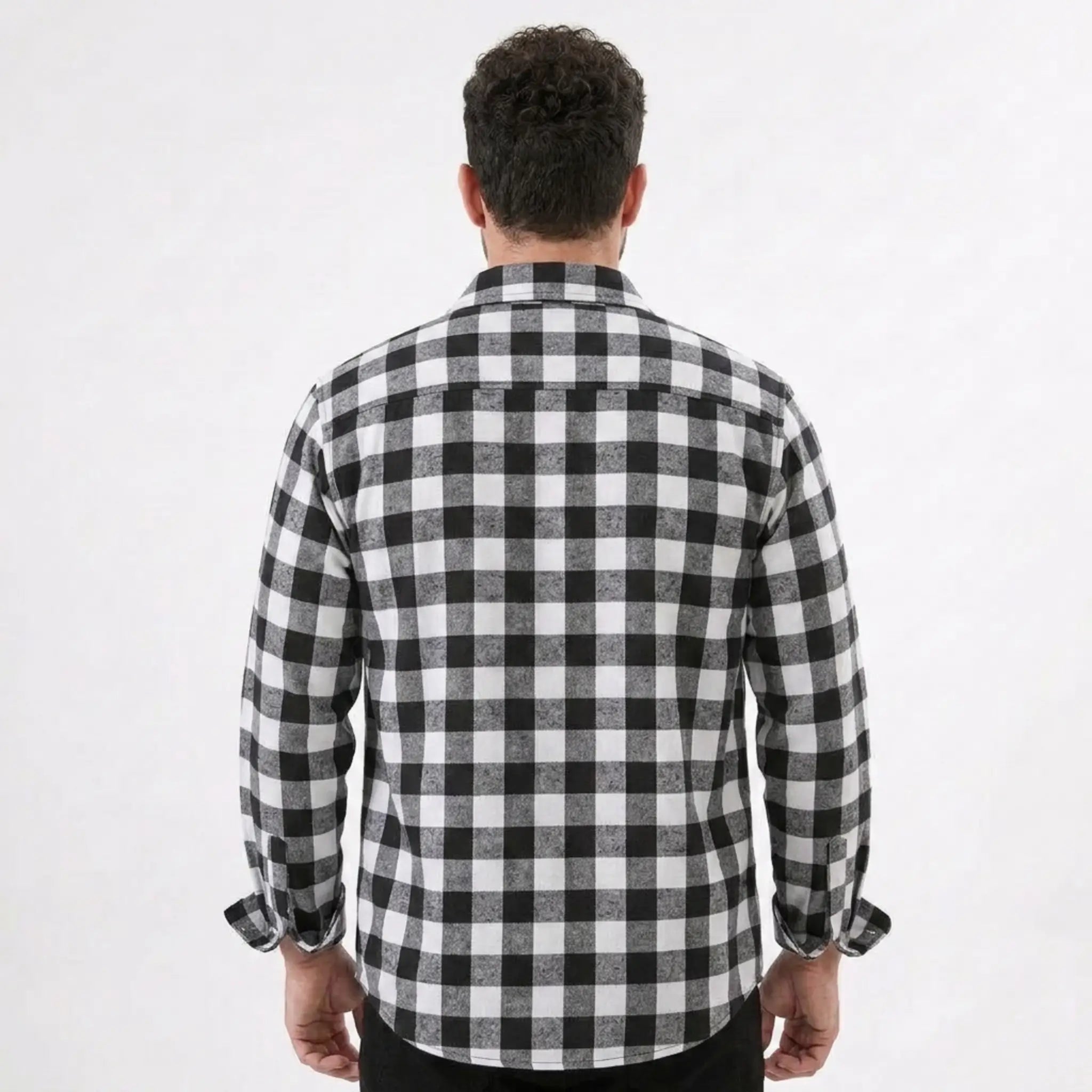 MannerCo black plaid flannel shirt back view with turn-down collar and relaxed fit