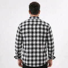 MannerCo black plaid flannel shirt back view with turn-down collar and relaxed fit