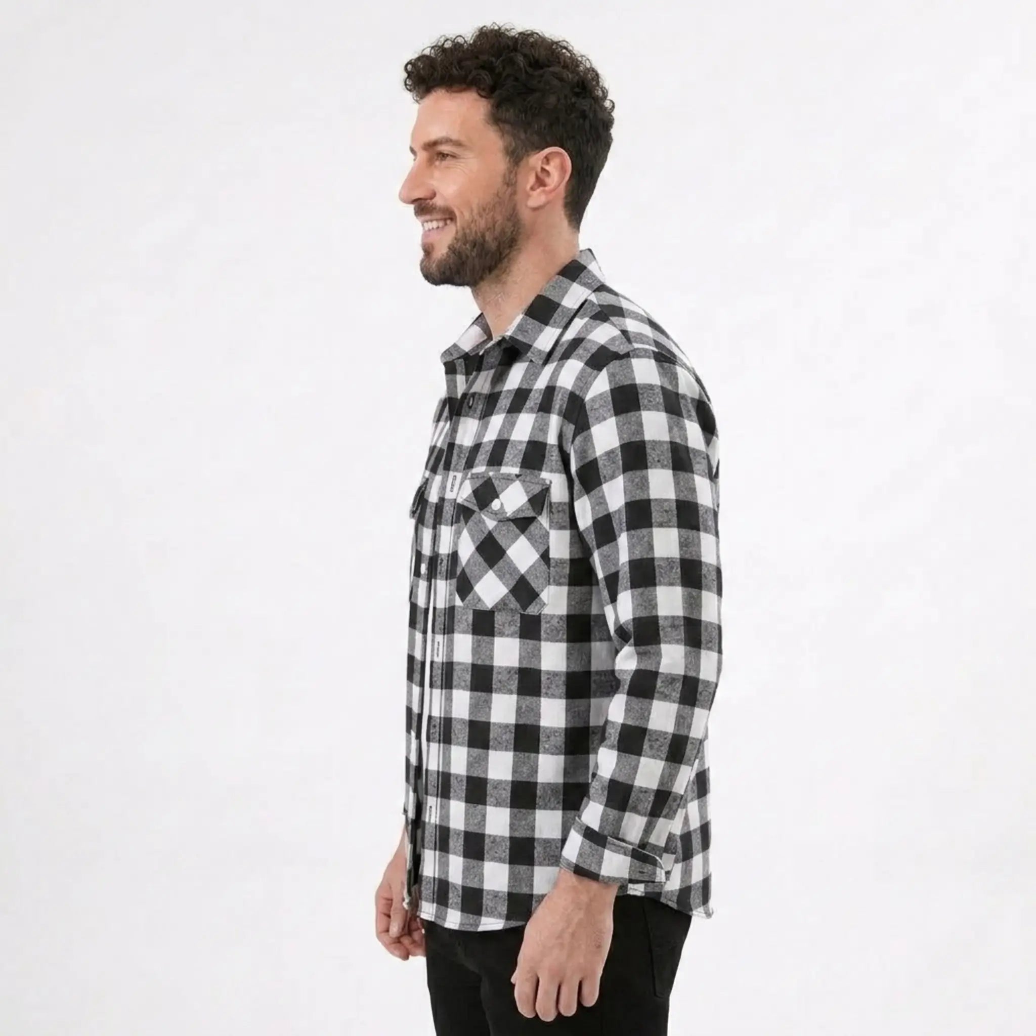 MannerCo black plaid flannel shirt side view turn-down collar long sleeves relaxed fit