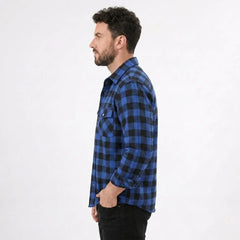 MannerCo blue black plaid flannel shirt side view turn-down collar long sleeves relaxed fit