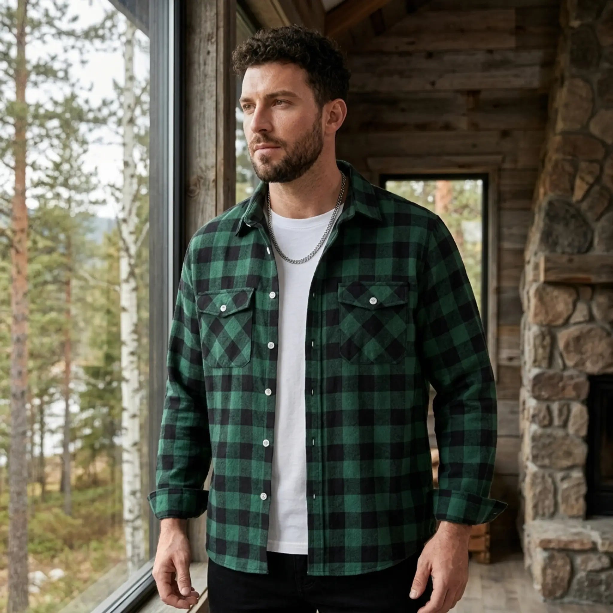 MannerCo green plaid flannel shirt with turn-down collar worn open over white tee in rustic cabin