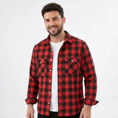 MannerCo red plaid flannel shirt with turn-down collar and chest pockets worn open over white tee