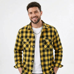 MannerCo yellow black buffalo plaid flannel shirt with turn-down collar worn open over white tee