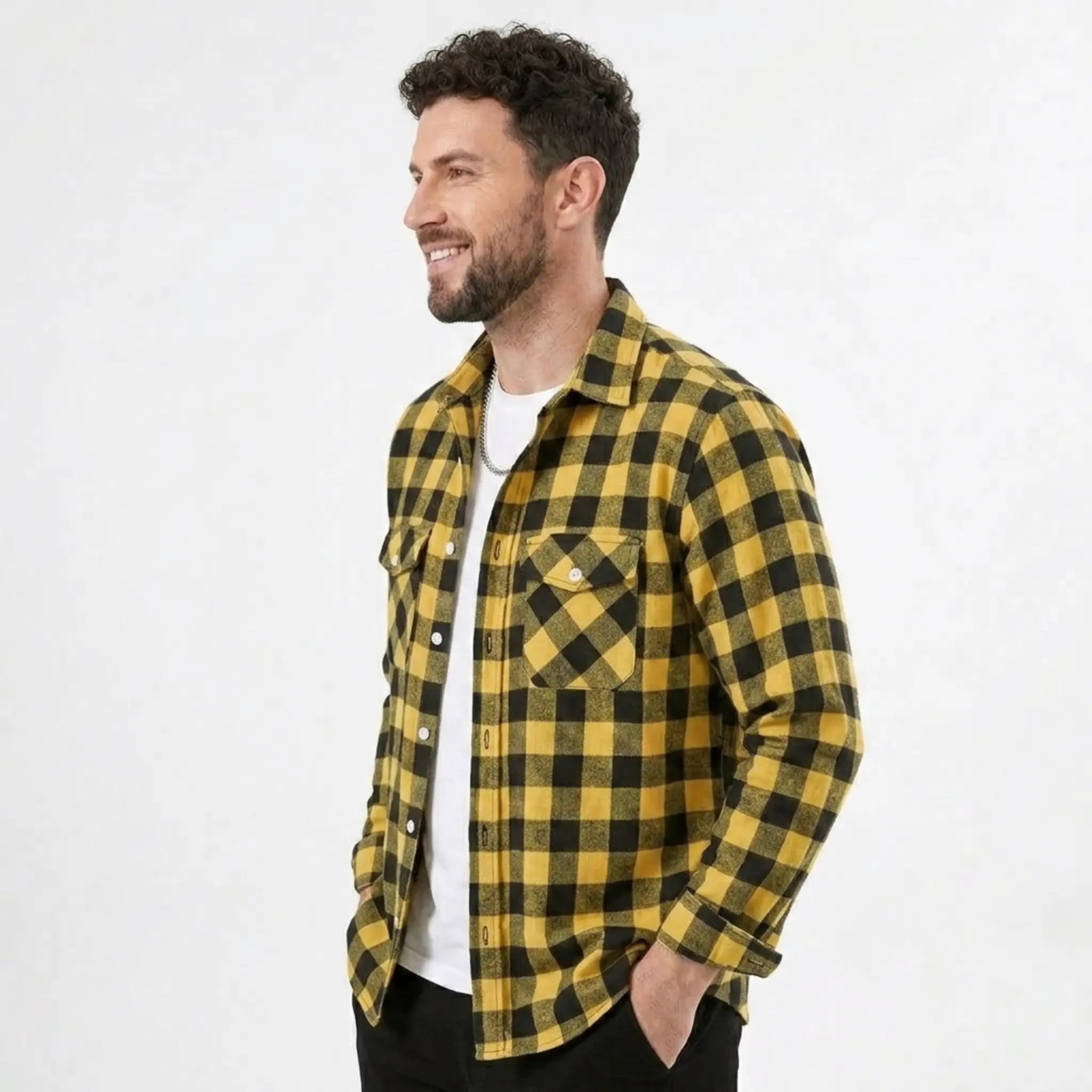 MannerCo yellow black plaid flannel shirt side view turn-down collar long sleeves relaxed fit