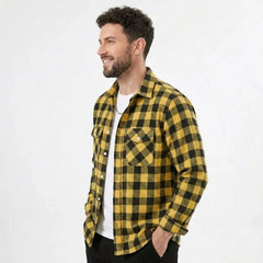 MannerCo yellow black plaid flannel shirt side view turn-down collar long sleeves relaxed fit