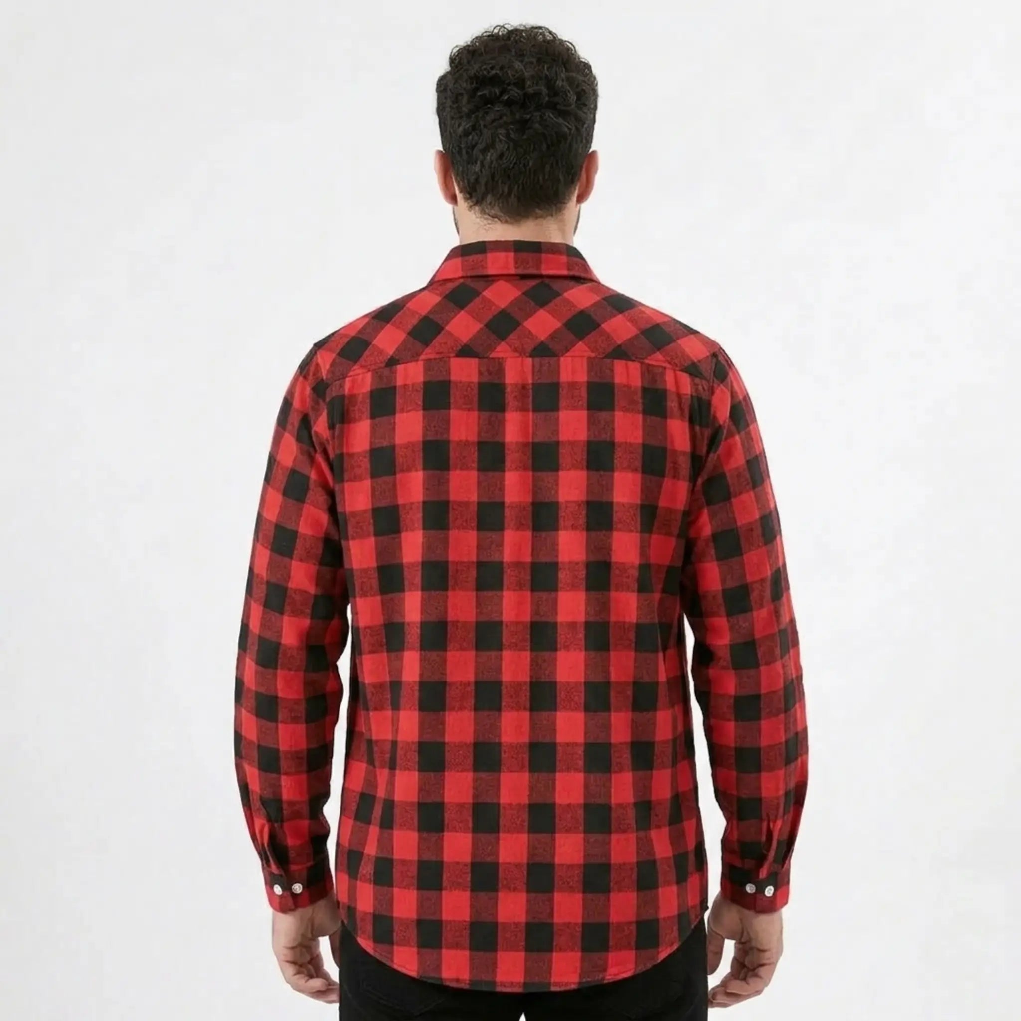 MannerCo red buffalo plaid flannel shirt back view with turn-down collar and long sleeves