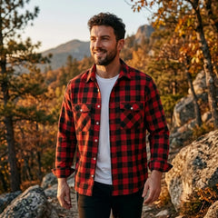 MannerCo red plaid flannel shirt with turn-down collar worn open over white tee in autumn setting