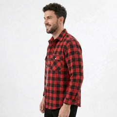 MannerCo red plaid flannel shirt side view turn-down collar long sleeves relaxed fit