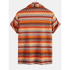 Short-sleeve shirt with a colorful geometric pattern on a white background