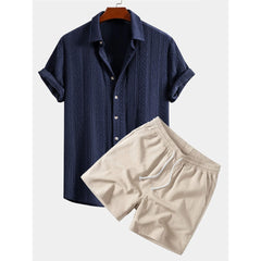 Geometric Jacquard Button Up Shirt & Crinkle Textured 5" Shorts Set - 2 Piece Summer Outfit