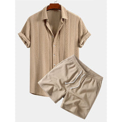 Geometric Jacquard Button Up Shirt & Crinkle Textured 5" Shorts Set - 2 Piece Summer Outfit