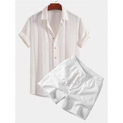 Geometric Jacquard Button Up Shirt & Crinkle Textured 5" Shorts Set - 2 Piece Summer Outfit