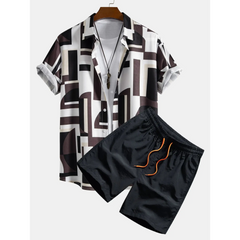 Geometry Colorblock Print Button Up Shirt & Swim Shorts - 2 Piece Summer Outfit