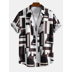 Geometry Colorblock Print Button Up Shirt & Swim Shorts - 2 Piece Summer Outfit