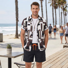 Man wearing geometry colorblock print shirt and swim shorts in outdoor lifestyle setting