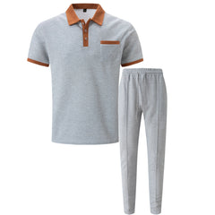 Color Block Waffle Polo & Straight Leg Pants – 2 Piece Smart Casual Outfit
