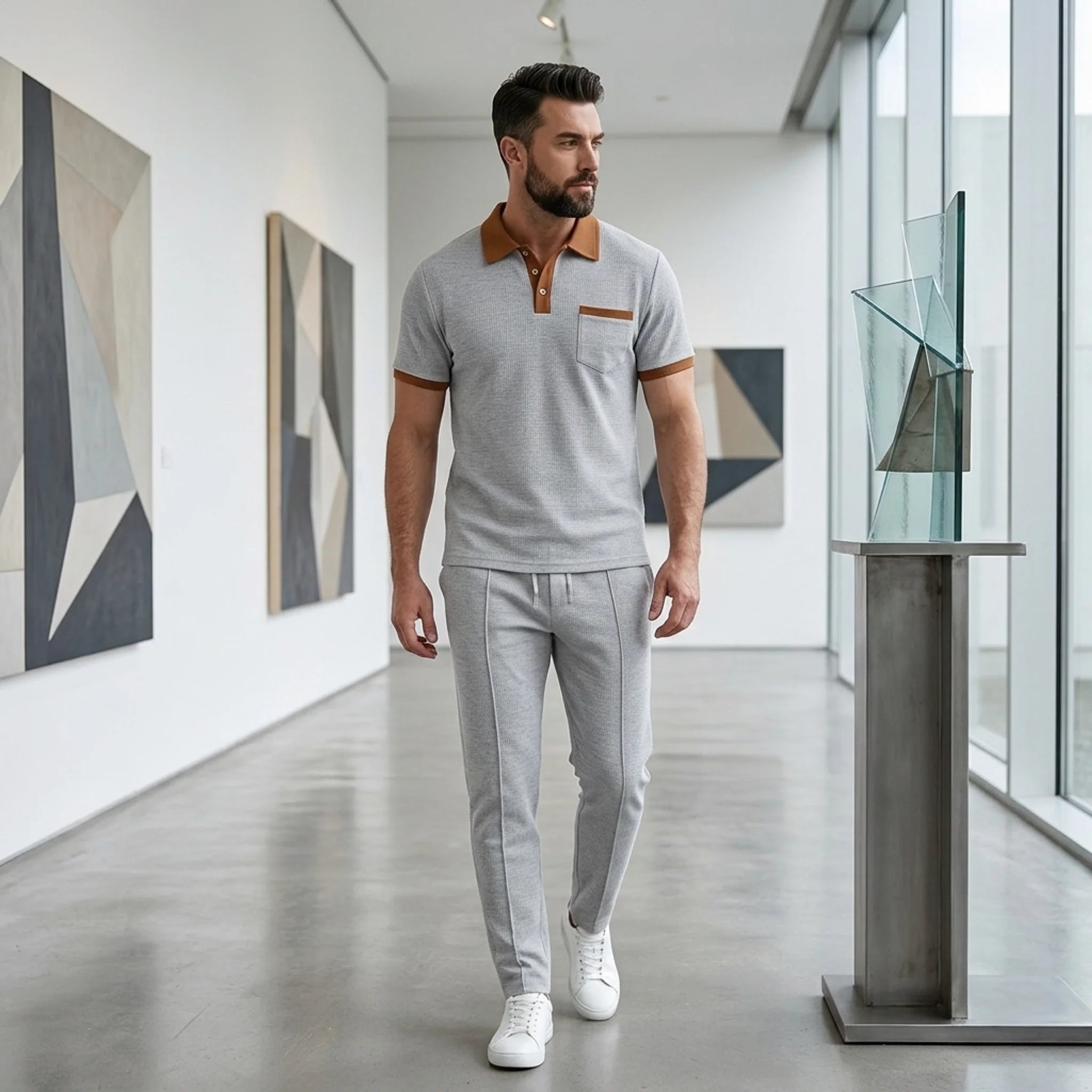Man in gray color block waffle polo and straight leg pants in sunny outdoor scene
