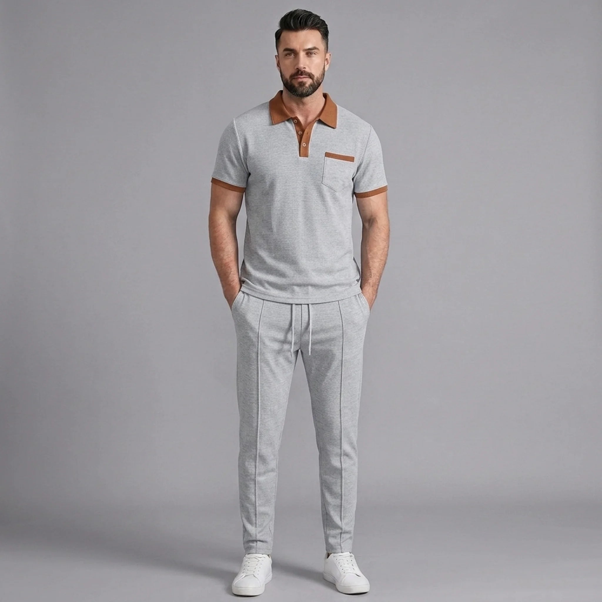 Side view of man in gray color block waffle polo and straight leg pants