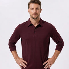 Man wearing a gray solid long sleeve cotton polo shirt front view on plain background