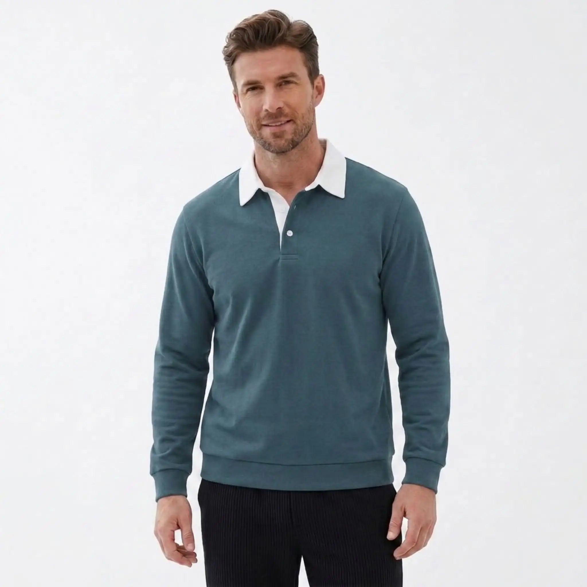 MannerCo green polo collar hoodie loose fit with white collar and button closure on male model