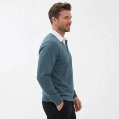 MannerCo green polo collar hoodie side view layered over white shirt with dark pants