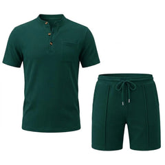 Waffle Stand Collar Shirt & Drawstring Shorts Set – Summer Outfit