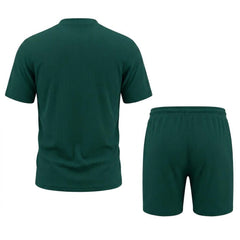 Waffle Stand Collar Shirt & Drawstring Shorts Set – Summer Outfit