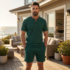 Waffle Stand Collar Shirt & Drawstring Shorts Set – Summer Outfit