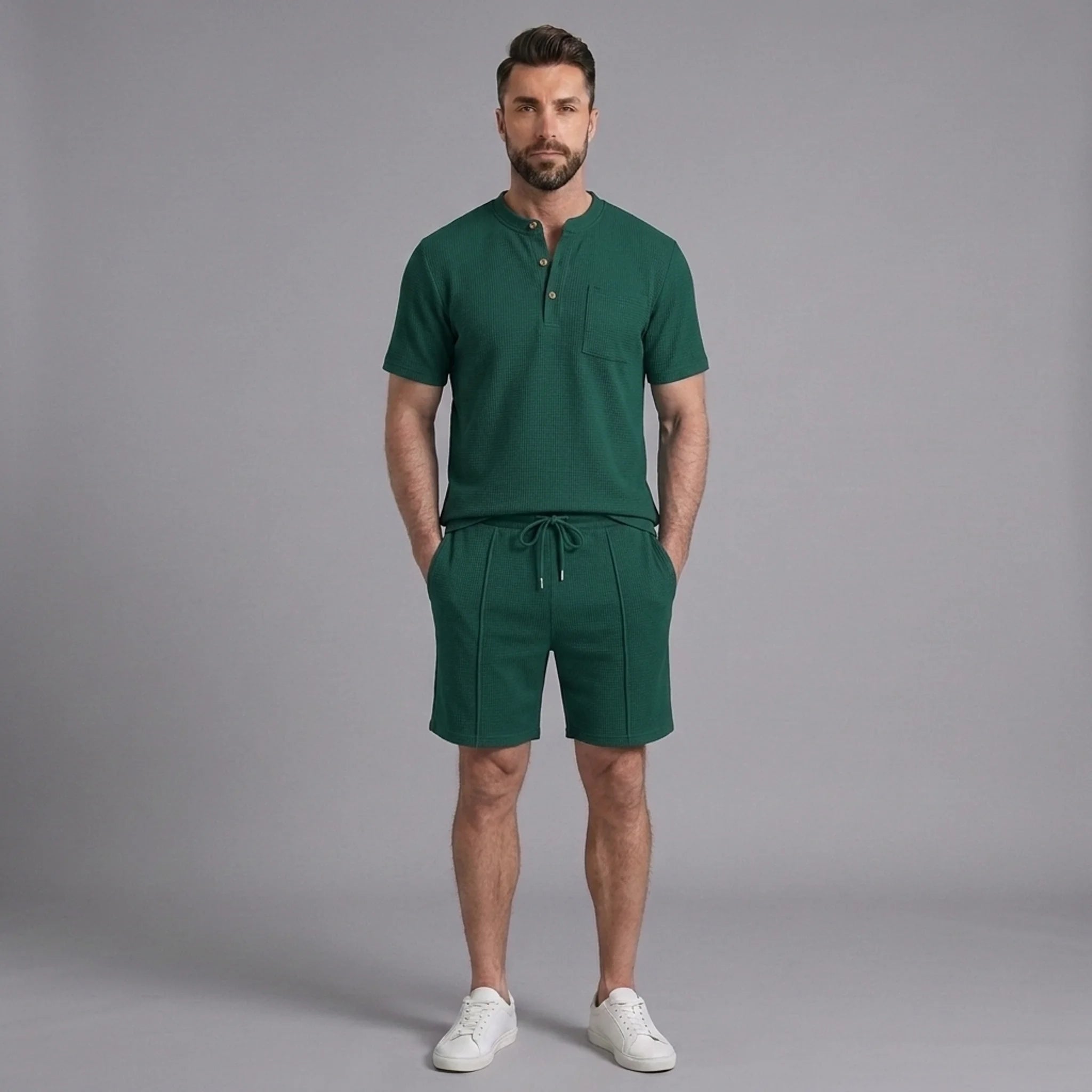 Man wearing green waffle stand collar shirt and drawstring shorts in outdoor lifestyle setting