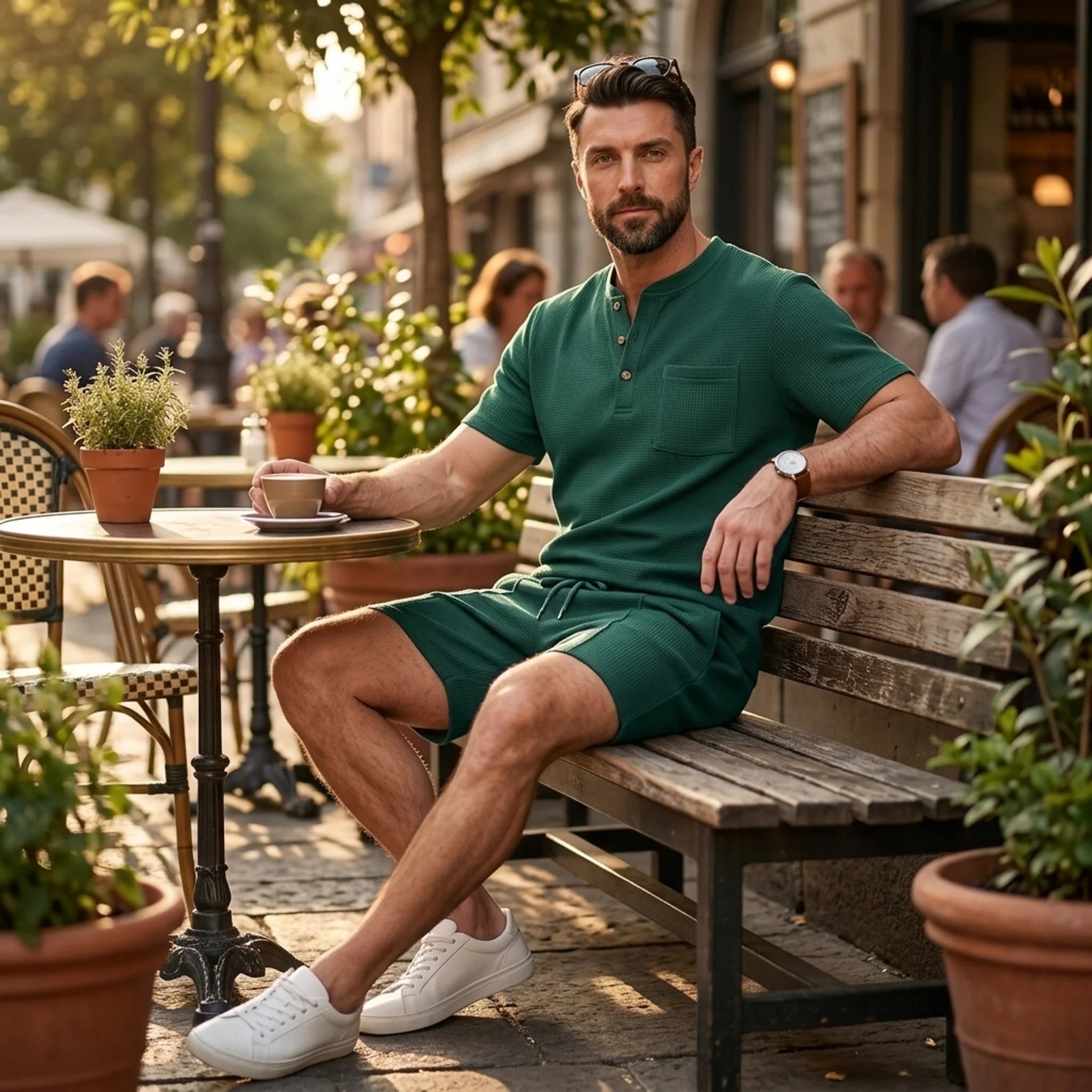 Man in green waffle stand collar shirt and drawstring shorts in sunny outdoor summer scene