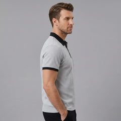 Back view of man wearing grey color block waffle polo shirt