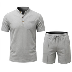 Waffle Stand Collar Shirt & Drawstring Shorts Set – Summer Outfit