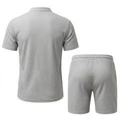 Waffle Stand Collar Shirt & Drawstring Shorts Set – Summer Outfit