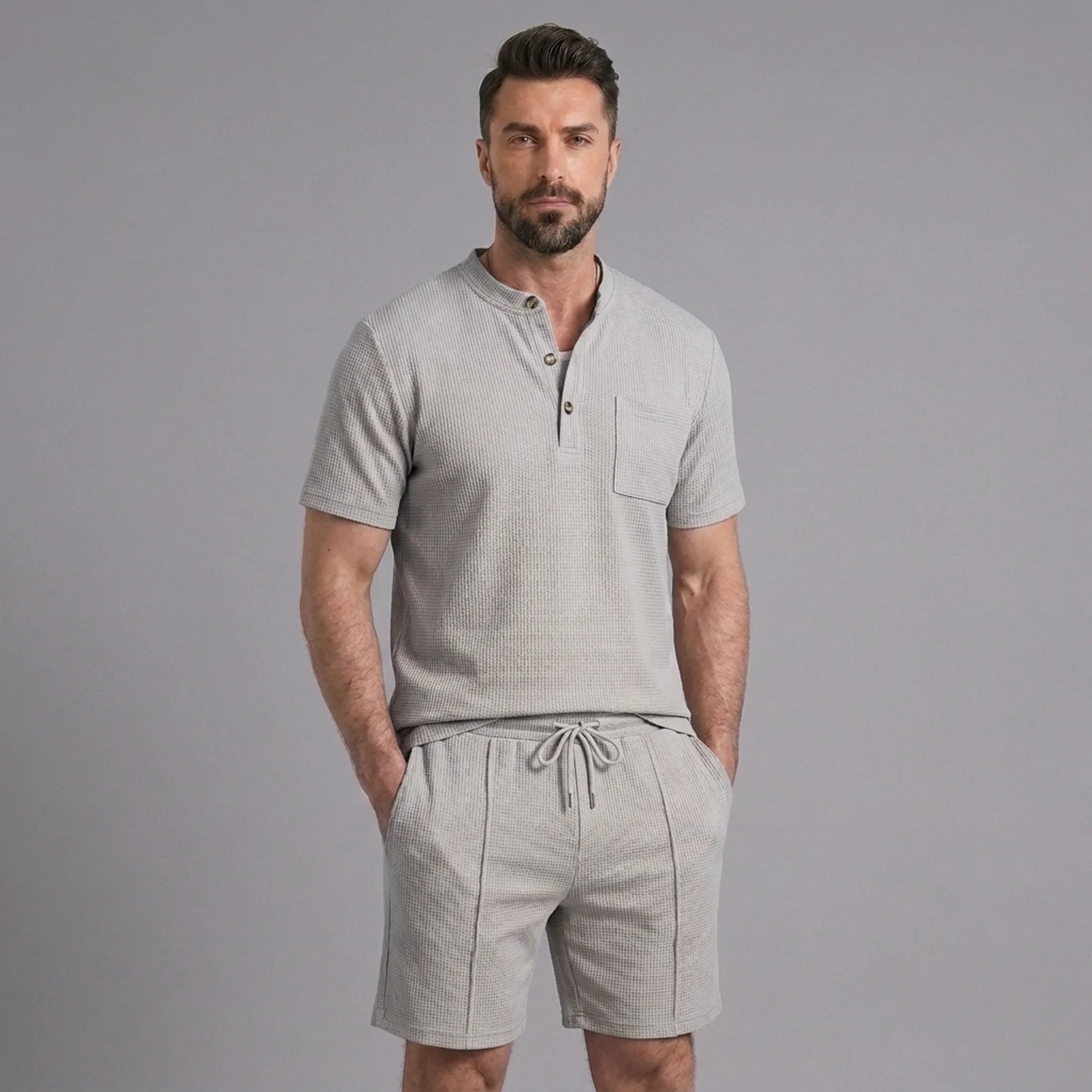 Man wearing a grey waffle stand collar button up shirt and drawstring shorts front view