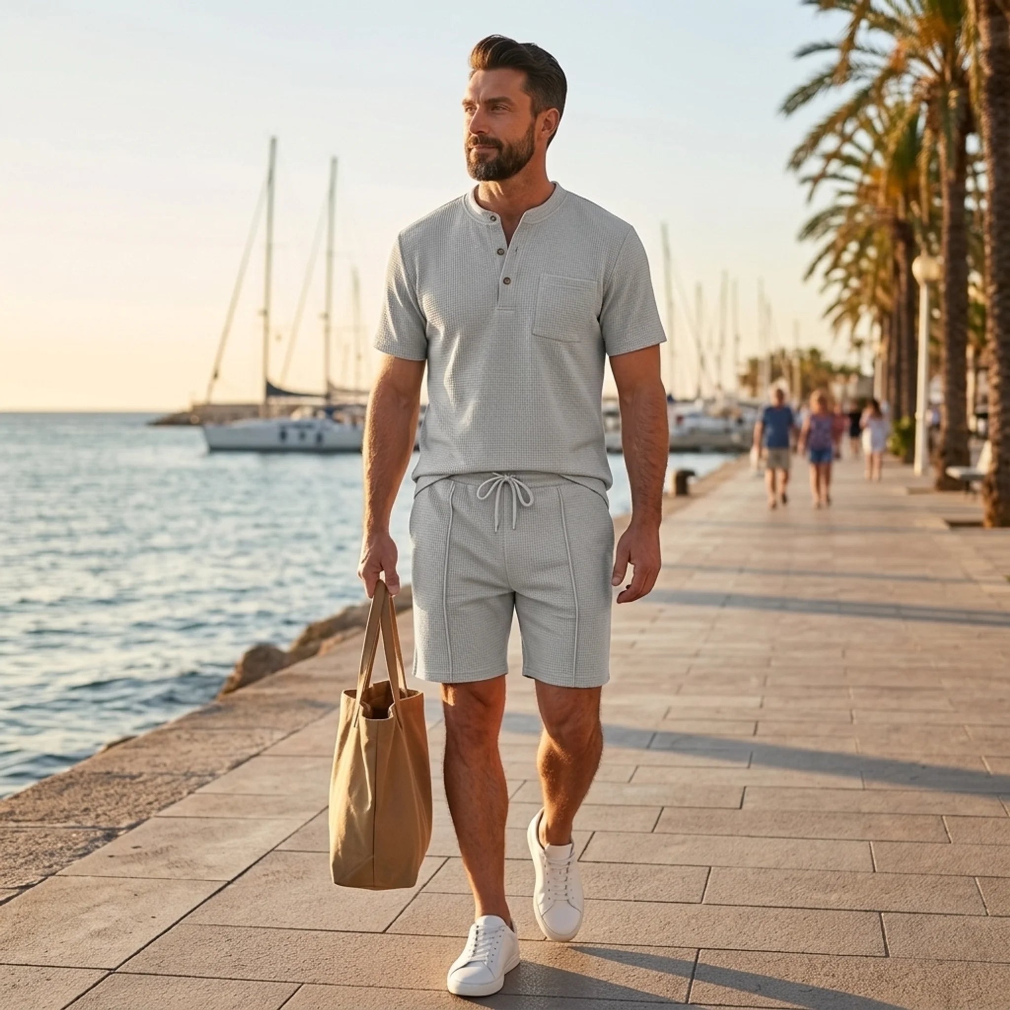 Man in grey waffle stand collar shirt and drawstring shorts in sunny outdoor summer scene