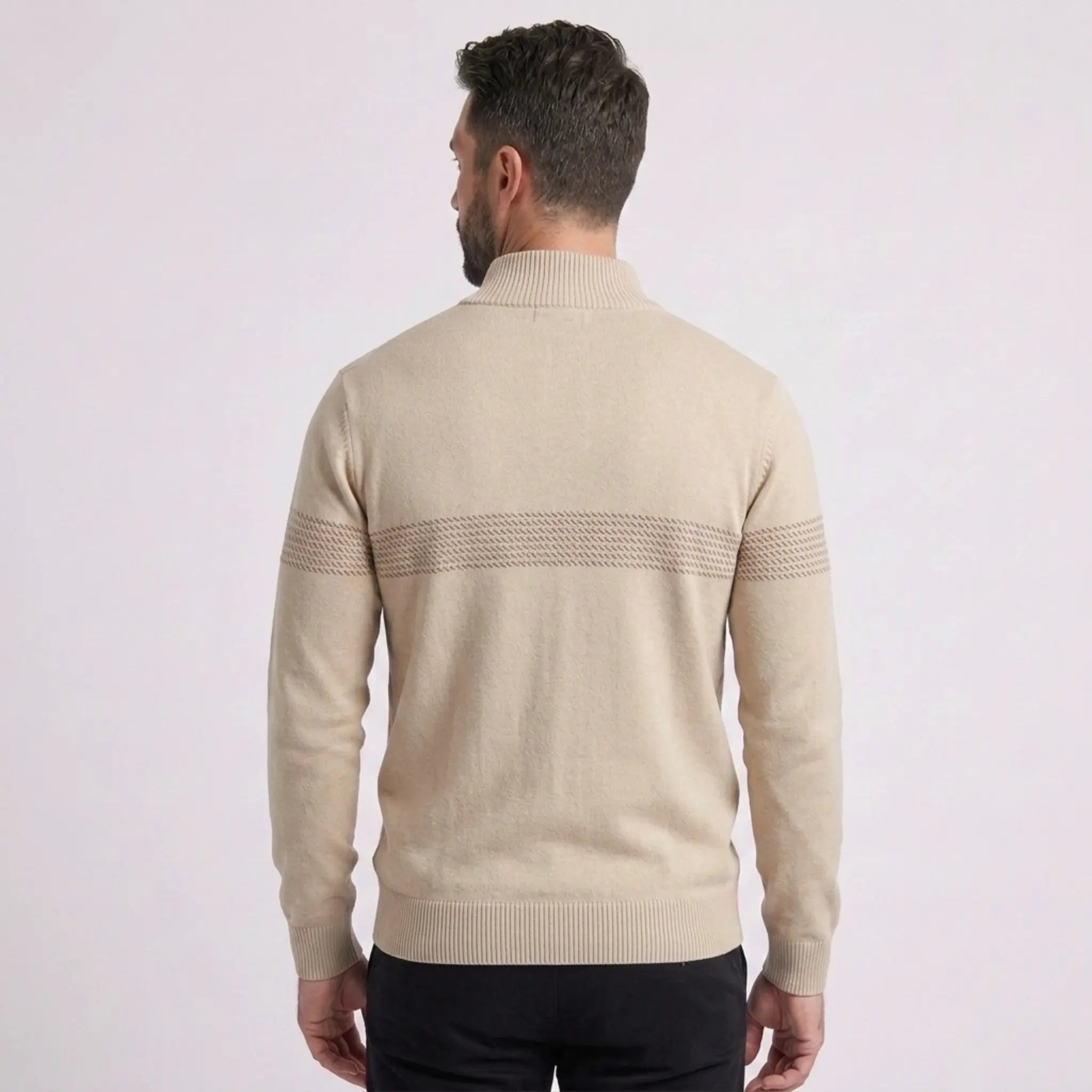 MannerCo apricot half-zip slim fit knit sweater back view with stripe detail