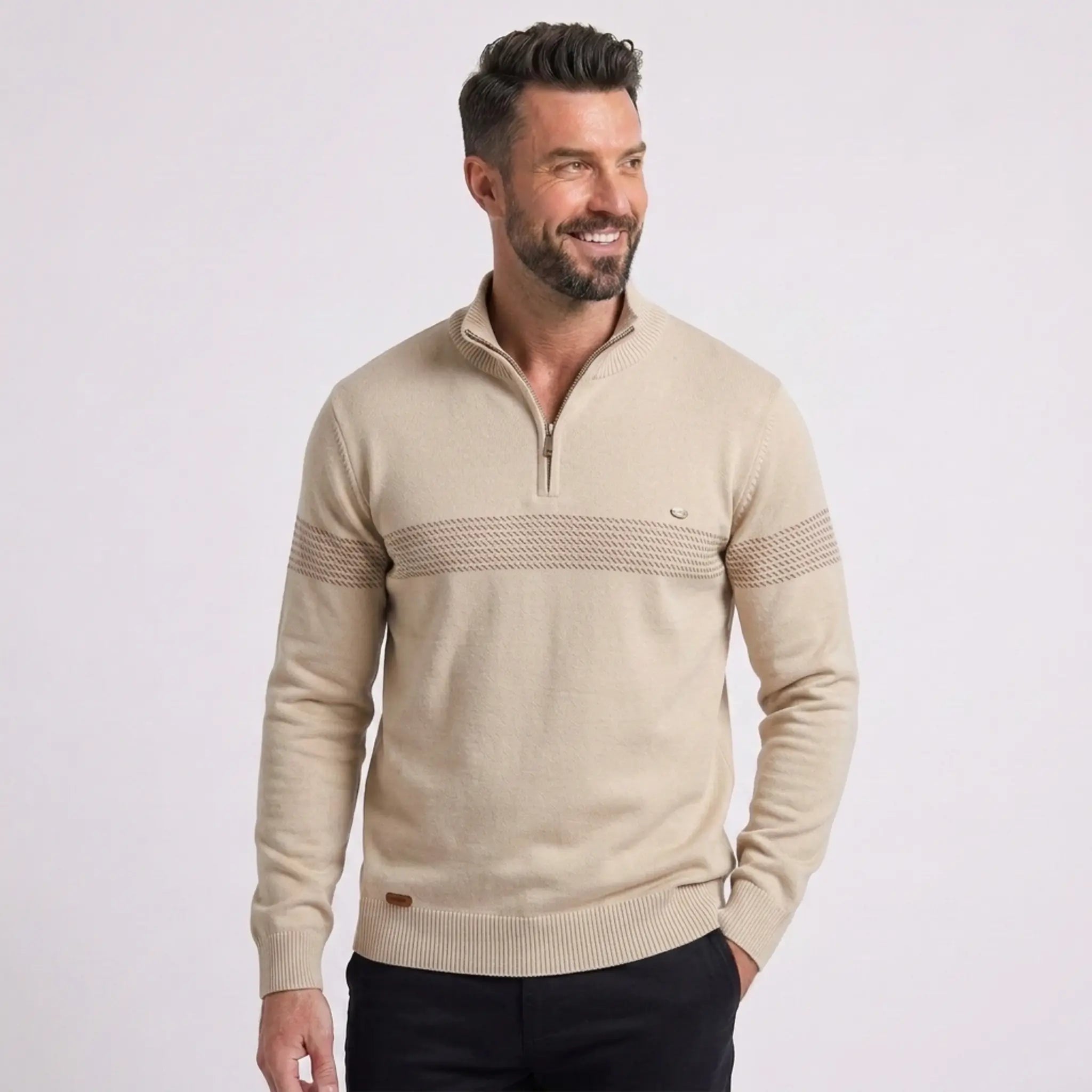 Man wearing MannerCo apricot cotton half-zip sweater slim fit, front view on plain background