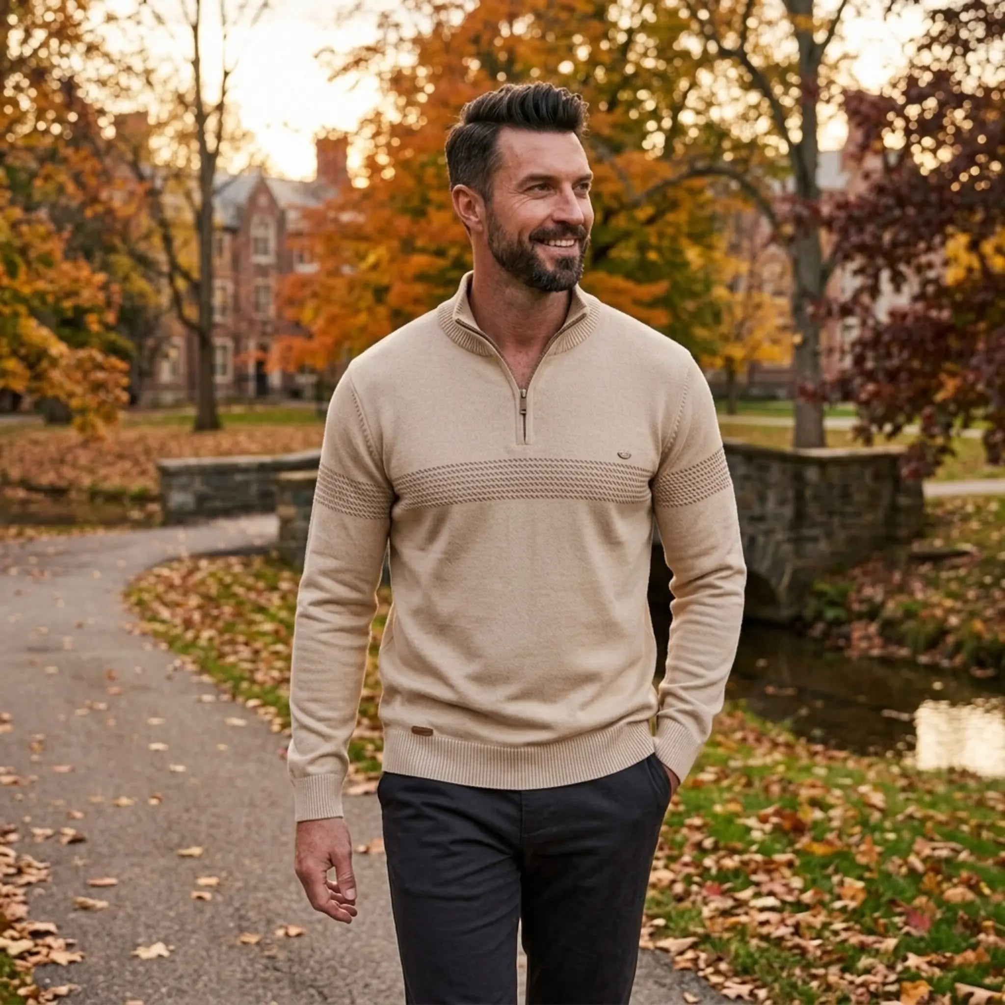 Man wearing MannerCo apricot half-zip cotton sweater slim fit in outdoor lifestyle setting
