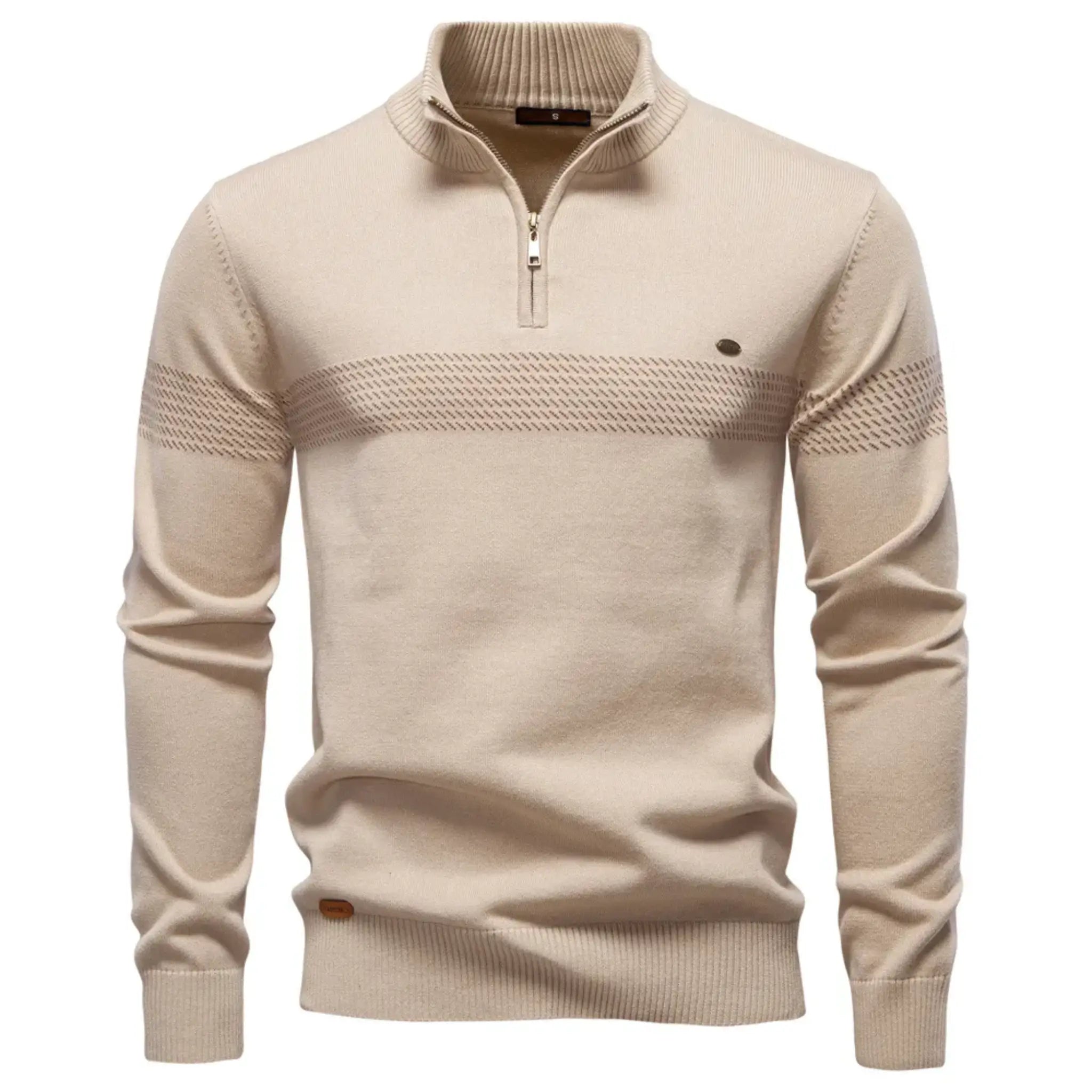 MannerCo apricot slim fit half-zip sweater with ribbed collar and stripe detail, product display