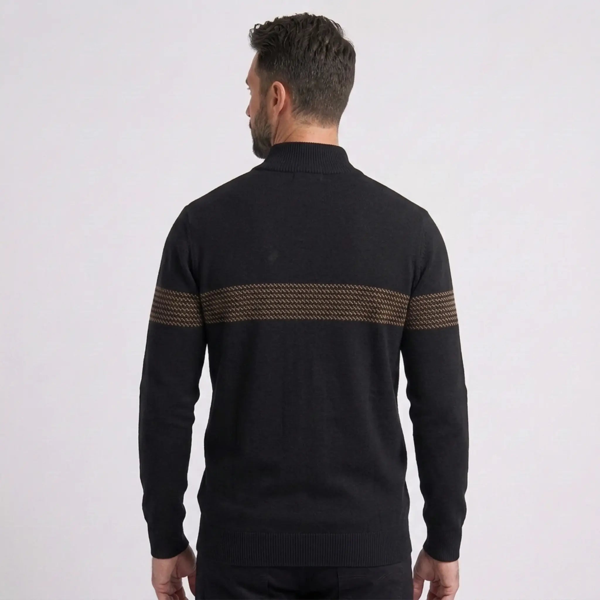 MannerCo black slim fit half-zip cotton sweater back view with stripe detail