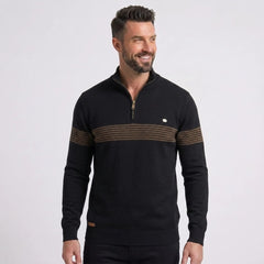 Man wearing MannerCo black cotton half-zip sweater slim fit with stripe detail, front view
