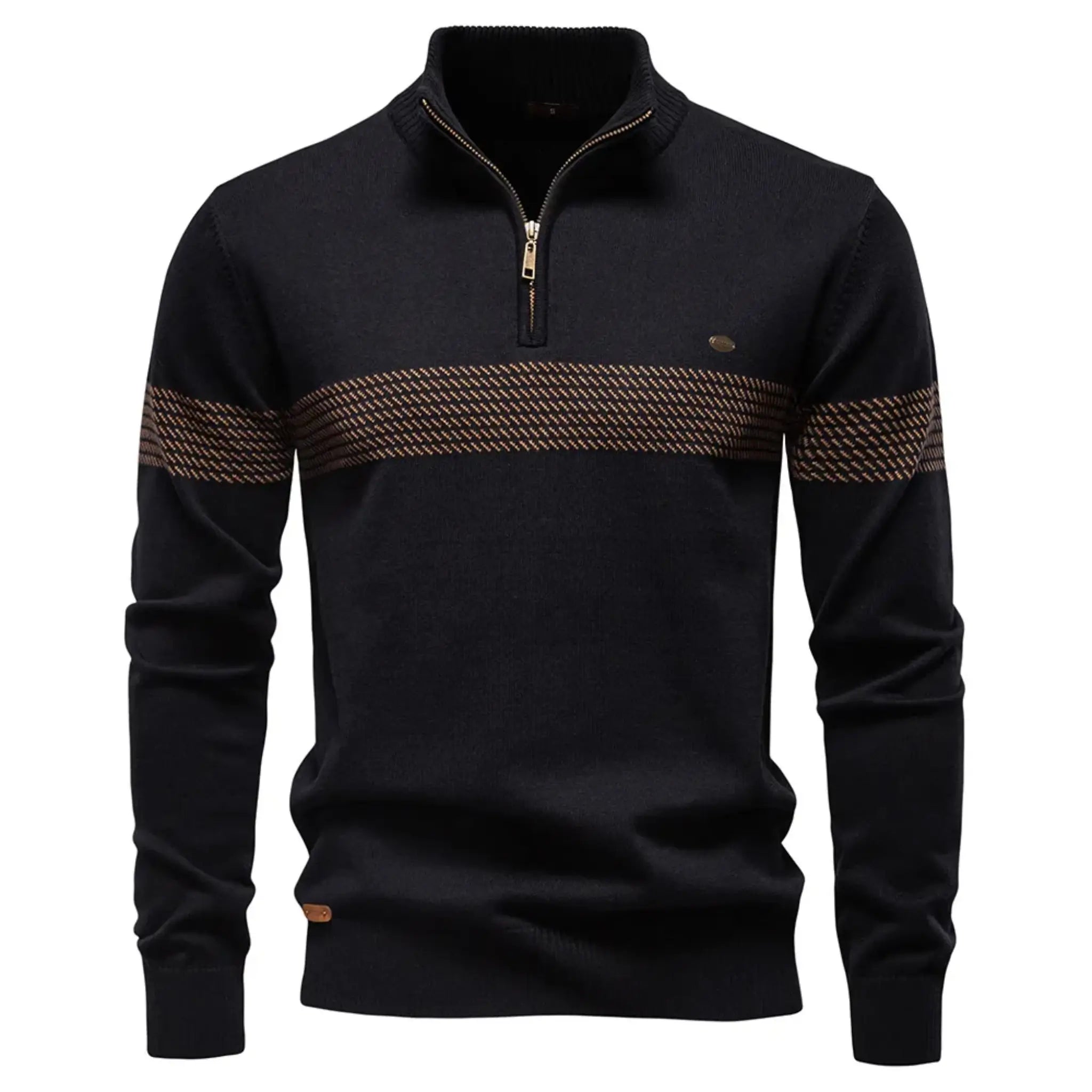 MannerCo black slim fit half-zip sweater with stripe detail and zip collar, product display